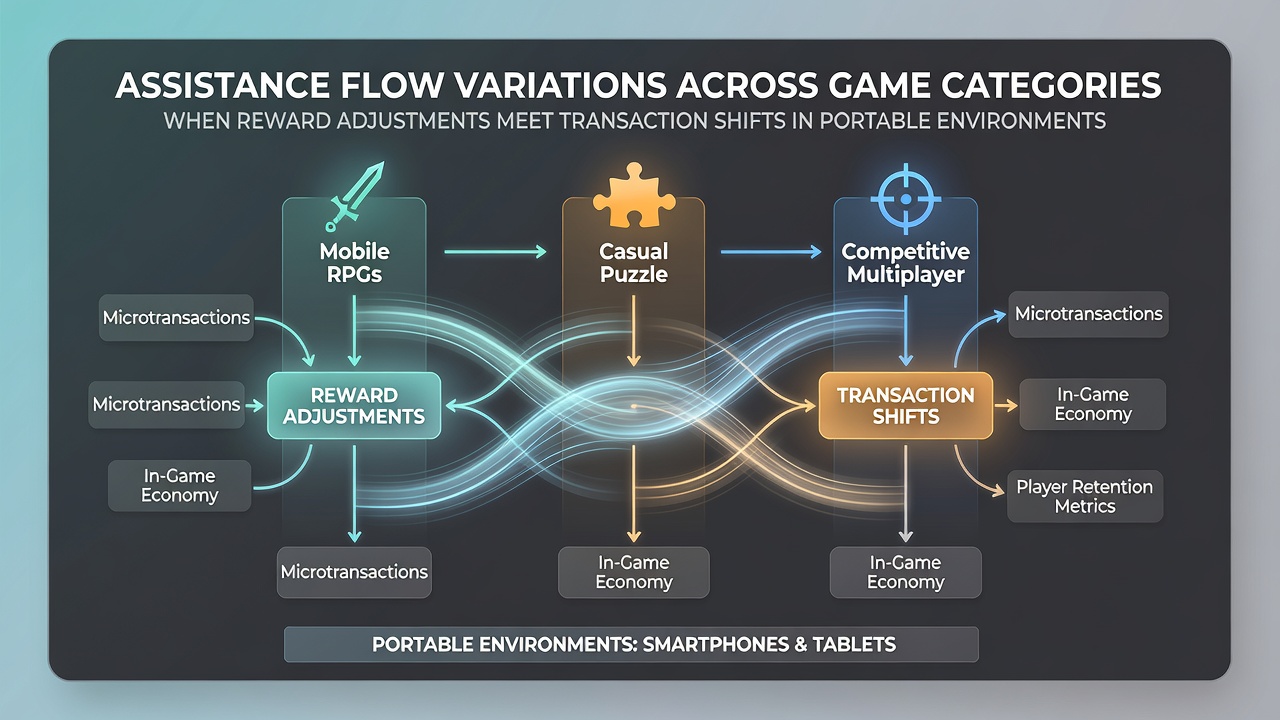 Illustration of assistance flows in mobile gaming environments across different game categories