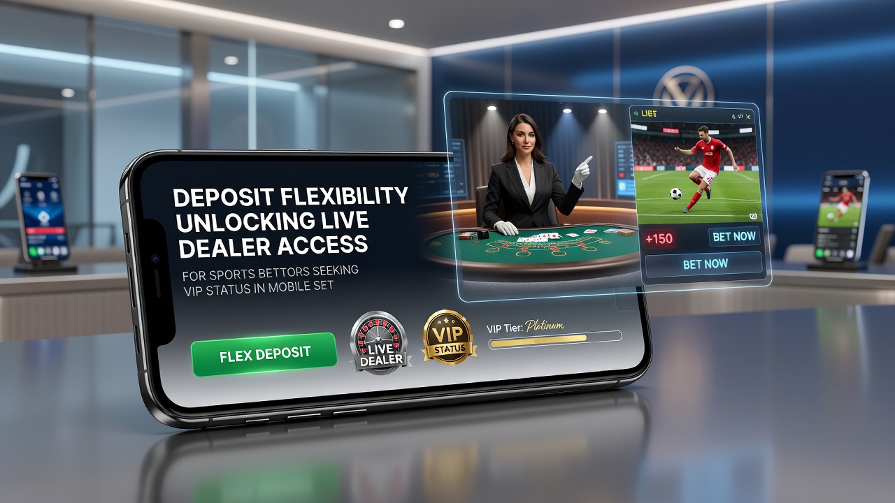 Sports bettor advancing to VIP tier on mobile with live dealer tables visible