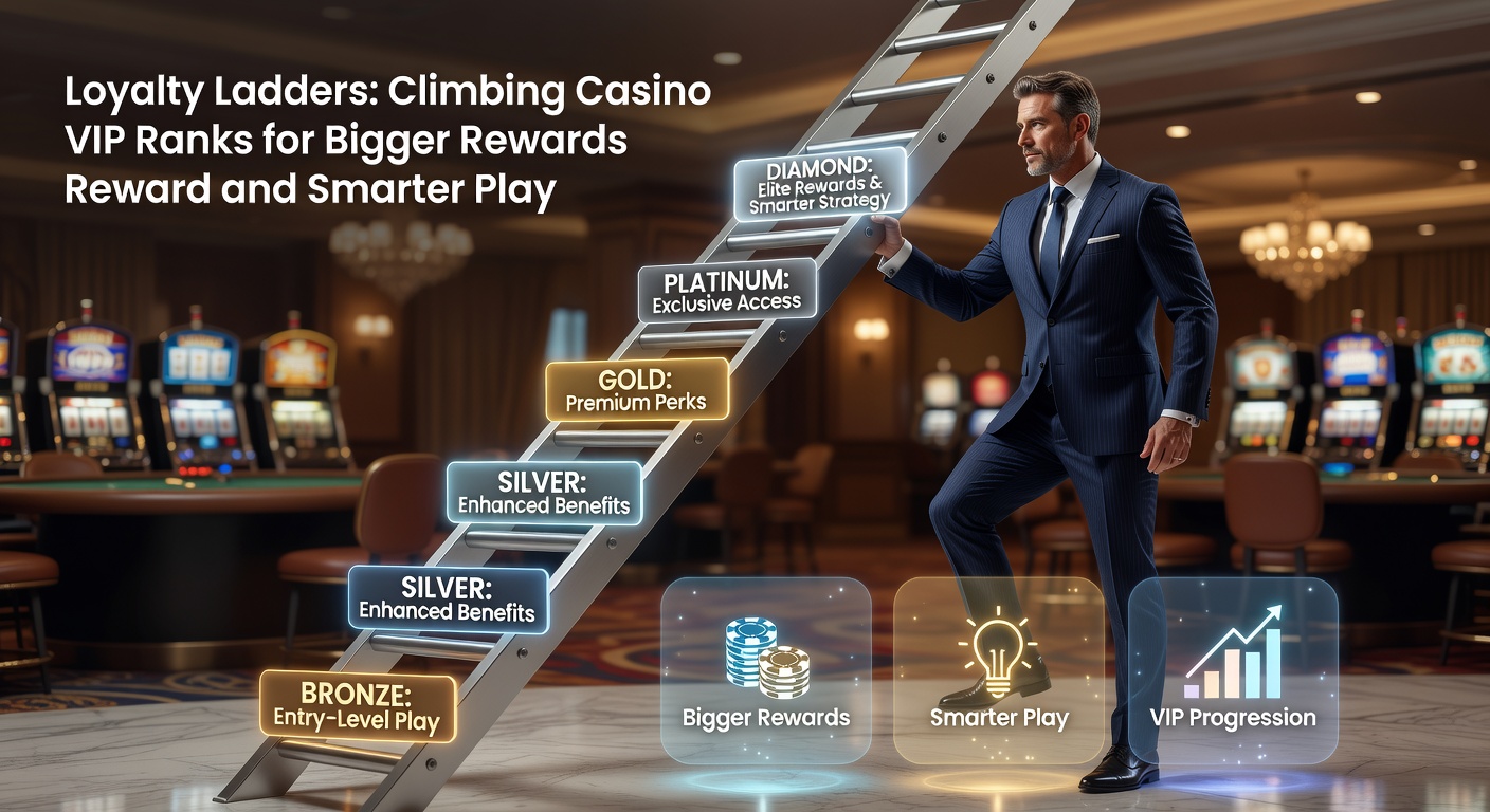 Graphic illustration of a loyalty ladder in a casino setting, with tiers marked from bronze to diamond and rewards climbing upward