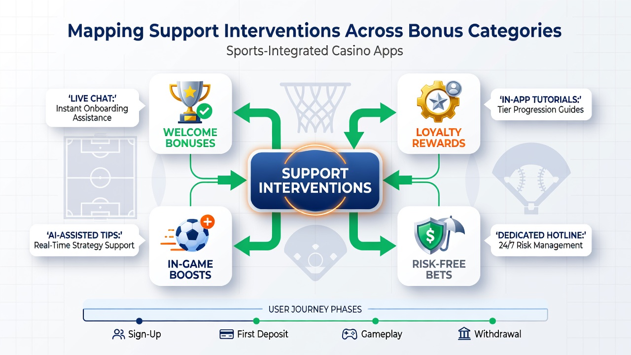 Mobile support dashboard displaying bonus category filters and intervention logs in a sports-integrated casino app