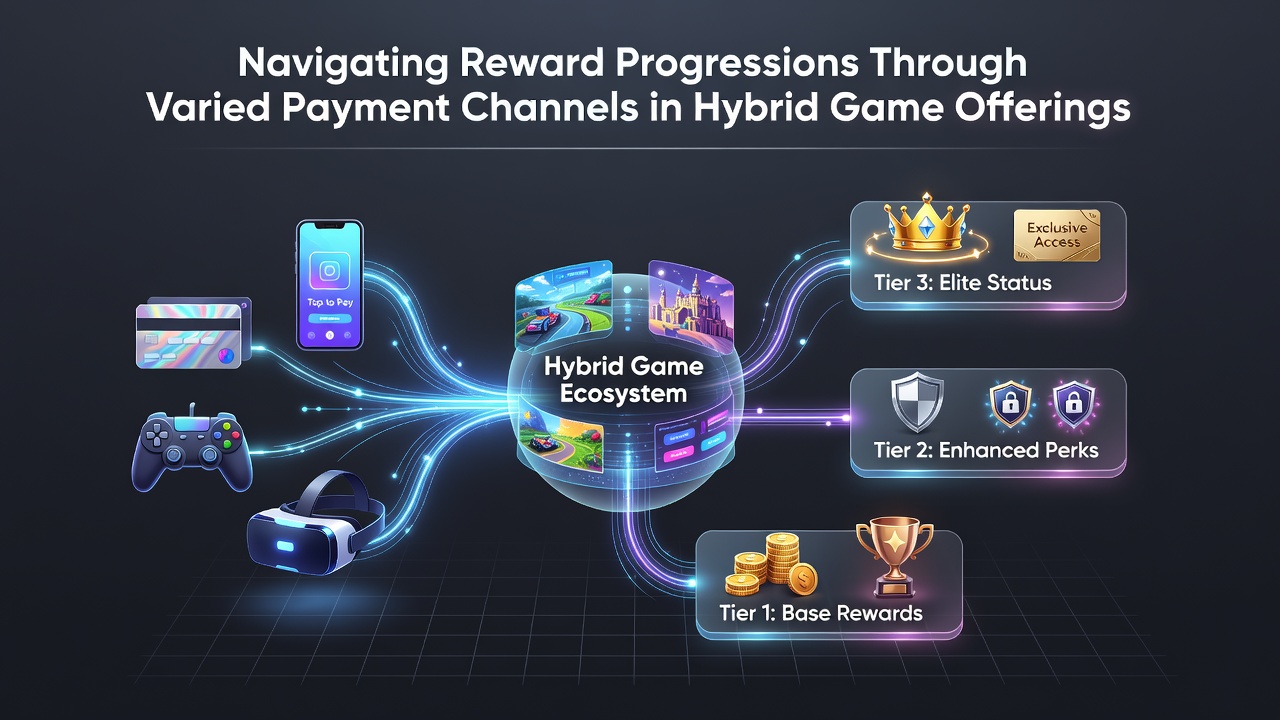 Infographic showing payment channels connecting to reward tiers in hybrid gaming environments