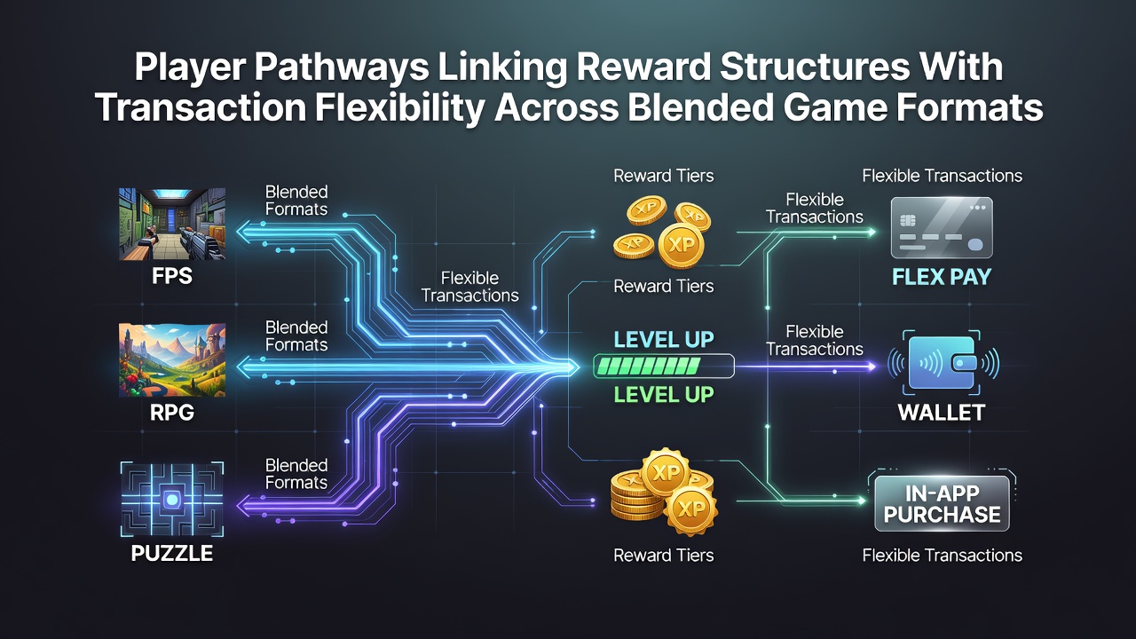 Diagram showing interconnected player pathways across slots, table games, and online platforms with reward points and flexible payment options highlighted