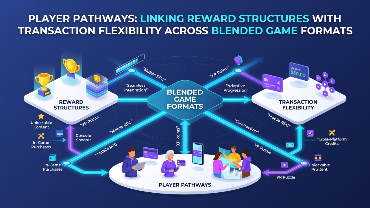 Illustration of seamless transaction flows between physical casino floors and mobile gaming apps with reward integration points marked