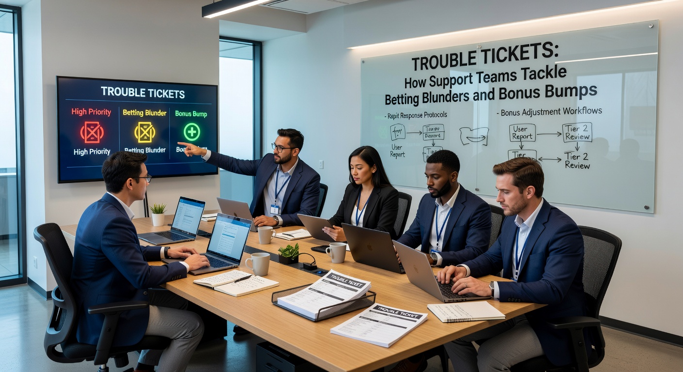 Support team agent reviewing trouble ticket on multiple screens in a bustling call center environment